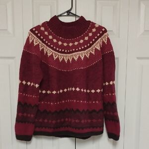 Lands' End Maroon and Beige Geometric Turtleneck Sweater